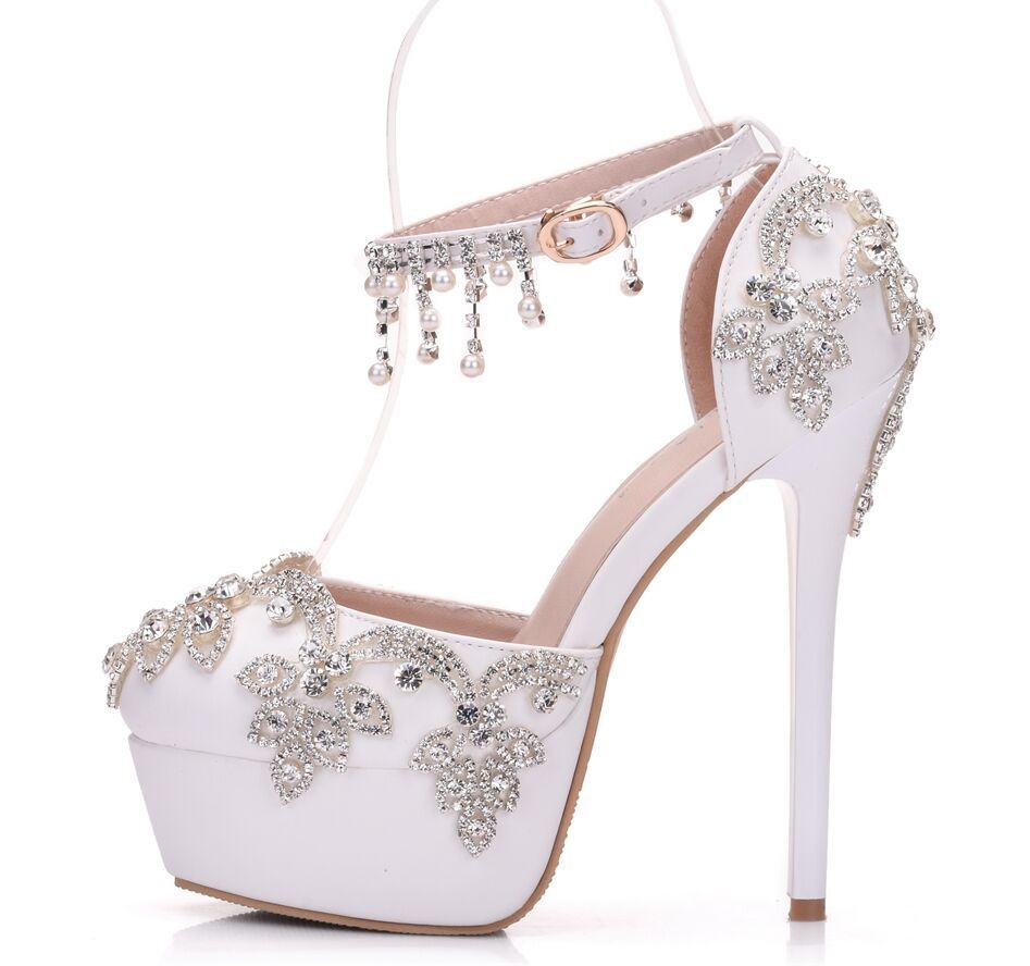 Large size white rhinestone wedding shoes single shoes women Beaded tassel chain high heel sandals waterproof platform word belt