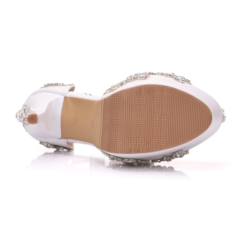 Large size white rhinestone wedding shoes single shoes women Beaded tassel chain high heel sandals waterproof platform word belt