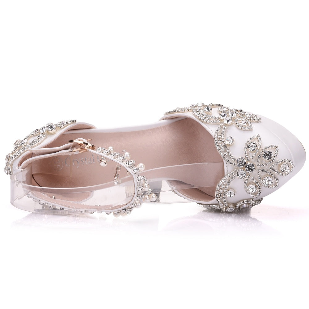 Large size white rhinestone wedding shoes single shoes women Beaded tassel chain high heel sandals waterproof platform word belt