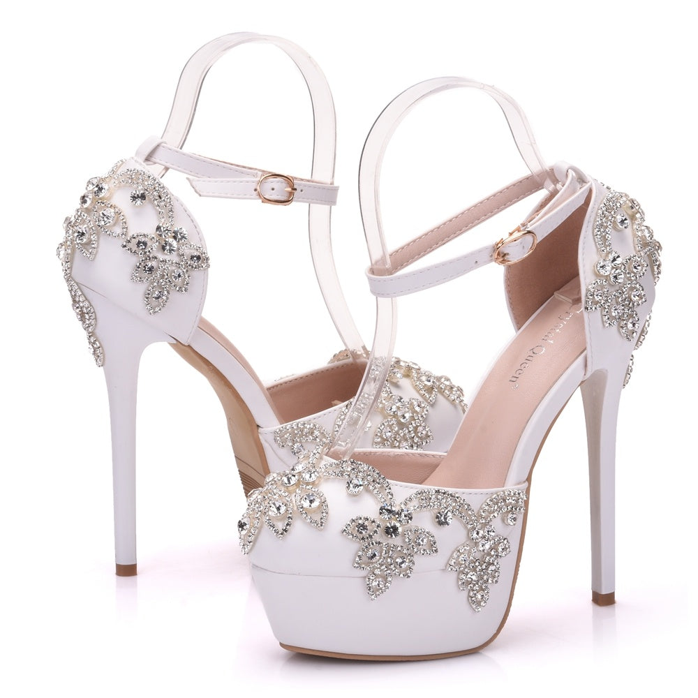 Large size white rhinestone wedding shoes single shoes women Beaded tassel chain high heel sandals waterproof platform word belt