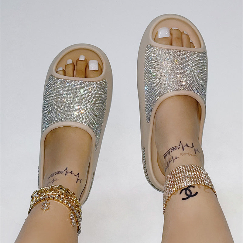 Rhinestone Slippers Women PeepToe Thick Sole Shoes Fashion Slides Summer