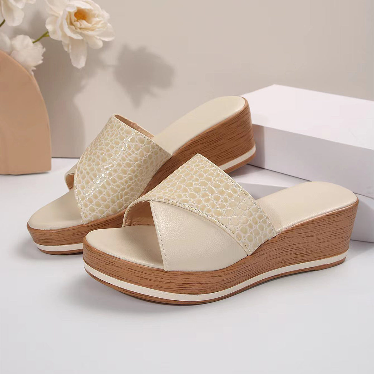 Fashion Snake-texture Wedges Sandals Summer Casual Peep-toe Thick Sole Heightening Slippers Outdoor Slides Shoes Women